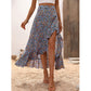 Damen-Midirock mit Blumenmuster, hoher Taille, Rüschen und Schlitz für den Sommerurlaub
