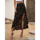 Damen-Midirock mit Blumenmuster, hoher Taille, Rüschen und Schlitz für den Sommerurlaub