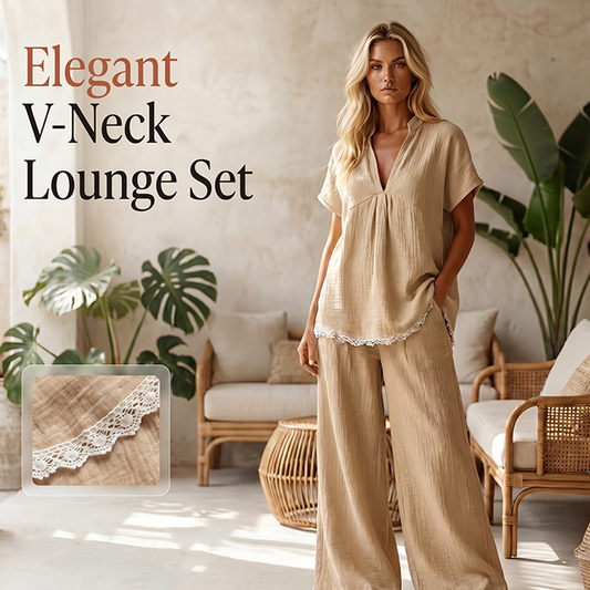 Lounge-Set für Damen mit V-Ausschnitt-Oberteil und Hose mit weitem Bein