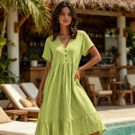 👗Midi-Kleid für Damen mit V-Ausschnitt, kurzen Ärmeln und Rüschen