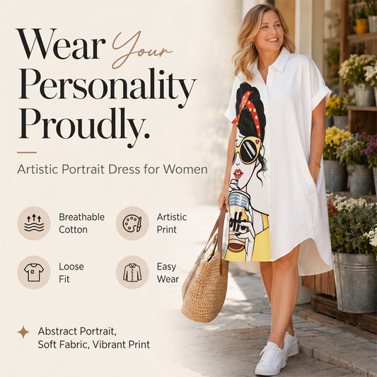 🎨✨Bedrucktes Hemdkleid für Damen im kunstvollen Porträtstil – einzigartiges Design, leichter Stoff & vielseitig – perfekt für Alltag, Büro & besondere Anlässe