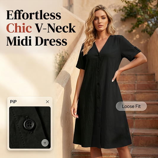 Midi-Kleid für Damen mit kurzen Ärmeln, V-Ausschnitt und Knopfleiste vorne
