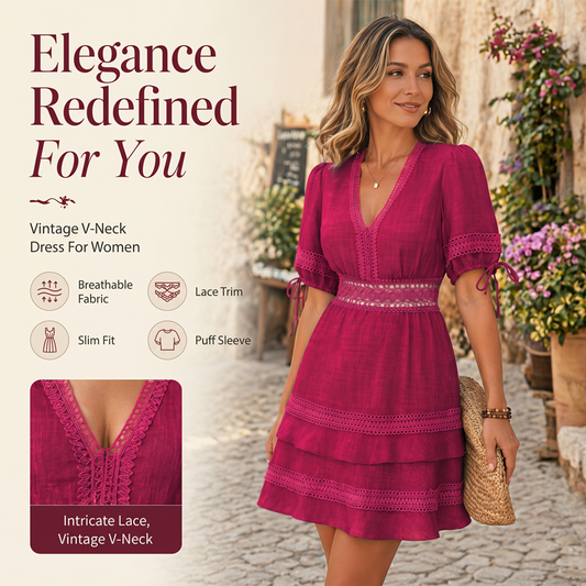 Damenkleid mit V-Ausschnitt, Spitze und gestuften Rüschen