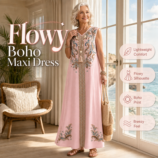✨ Boho-Maxikleid für Damen mit ethnischem Print und V-Ausschnitt – fließende Silhouette, ärmellos, elegant und vielseitig, große Größen 1XL–5XL, 3 Farben 🌊