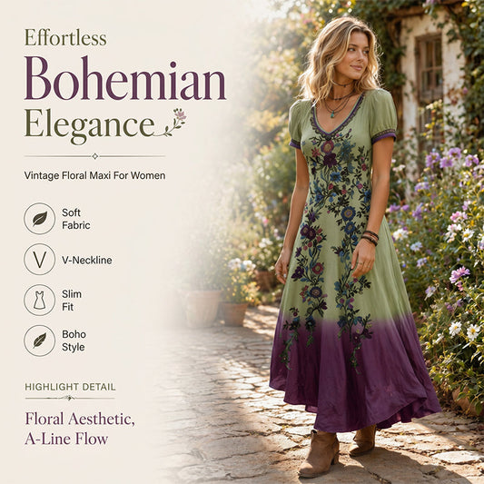 🔥Neuheiten & Sonderangebote – Vintage-Maxikleid für Damen mit V-Ausschnitt und Blumenmuster
