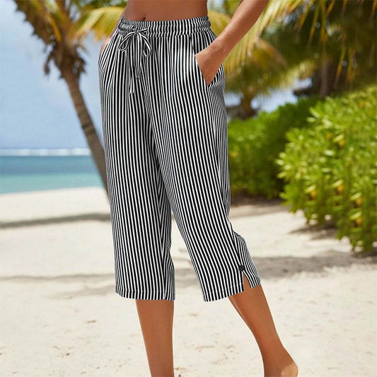 ⏰ Countdown läuft – 50% nur noch 3 Tage! Gestreifte Caprihose aus Baumwoll-Leinen-Mischgewebe für Damen mit Taschen