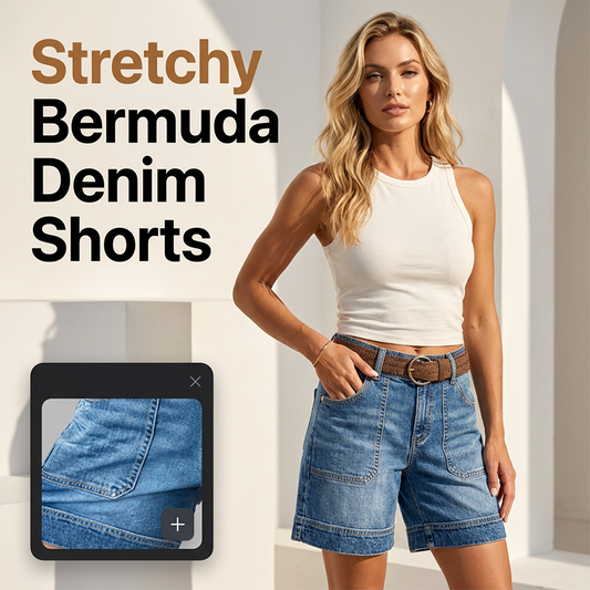 ✈️Kostenlose Lieferung📢 50 % RABATT FÜR BEGRENZTE ZEIT! ⏰ Damen mitteltaille Stretch Bermuda Jeansshorts – Praktische Taschen, stabiler Saum, luftig für Sommeralltag & Strand