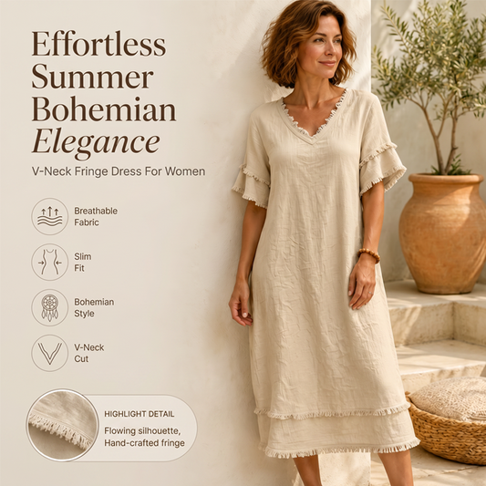 Locker sitzendes Midi-Kleid für Damen mit V-Ausschnitt und Quasten