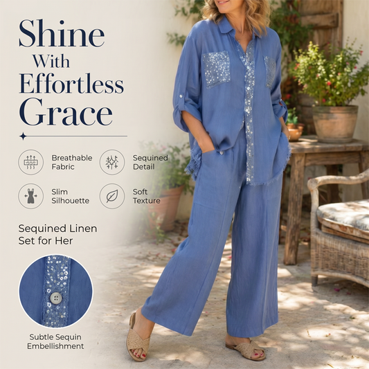Set aus Pailletten-Bluse und Hose mit weitem Bein für Damen