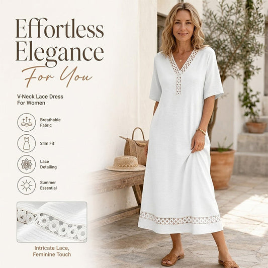 Elegantes Damenkleid mit V-Ausschnitt und Spitzeneinsätzen