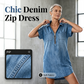 Lässiges Jeanshemdkleid für Damen, locker geschnitten, mit Reverskragen, kurzen Ärmeln, Reißverschluss und Taschen