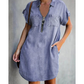 Lässiges Jeanshemdkleid für Damen, locker geschnitten, mit Reverskragen, kurzen Ärmeln, Reißverschluss und Taschen