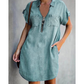 Lässiges Jeanshemdkleid für Damen, locker geschnitten, mit Reverskragen, kurzen Ärmeln, Reißverschluss und Taschen