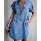 Lässiges Jeanshemdkleid für Damen, locker geschnitten, mit Reverskragen, kurzen Ärmeln, Reißverschluss und Taschen