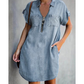 Lässiges Jeanshemdkleid für Damen, locker geschnitten, mit Reverskragen, kurzen Ärmeln, Reißverschluss und Taschen