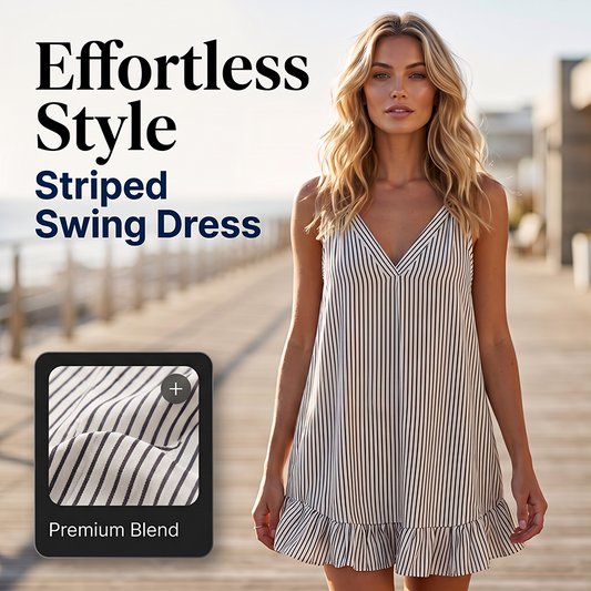 🔥Neuheiten & Sonderangebote – Lässiges, gestreiftes, ärmelloses Strand-Swing-Kleid für Damen mit V-Ausschnitt und Rüschen
