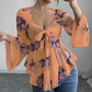 Damenbluse mit Blumenmuster, quadratischem Ausschnitt und geknoteter Vorderseite