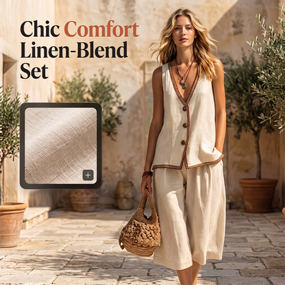 Set consisting of a sleeveless top with a V-neck and wide-leg pants for women