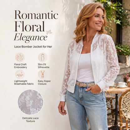 Damen-Baseballjacke aus transparenter Blumen-Spitze mit Reißverschluss
