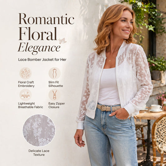 Damen-Baseballjacke aus transparenter Blumen-Spitze mit Reißverschluss