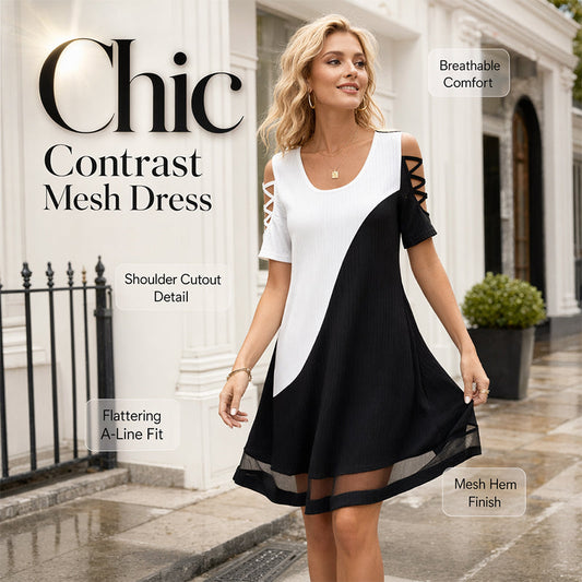 ⌛Zeitlich begrenztes Angebot – Midi-Kleid für Damen mit Rundhalsausschnitt im Color-Block-Design und Mesh-Saum