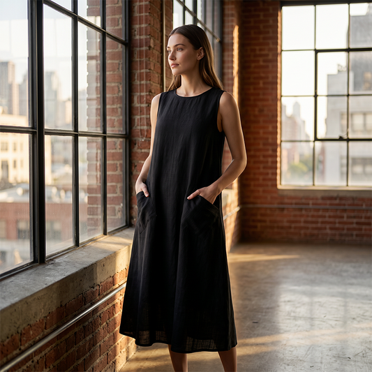 📈 Verkaufshit Nr. 1 – direkt 50%! Ärmelloses Freizeitkleid für Damen mit Rundhalsausschnitt – locker sitzendes Maxikleid im Leinen-Look mit Taschen
