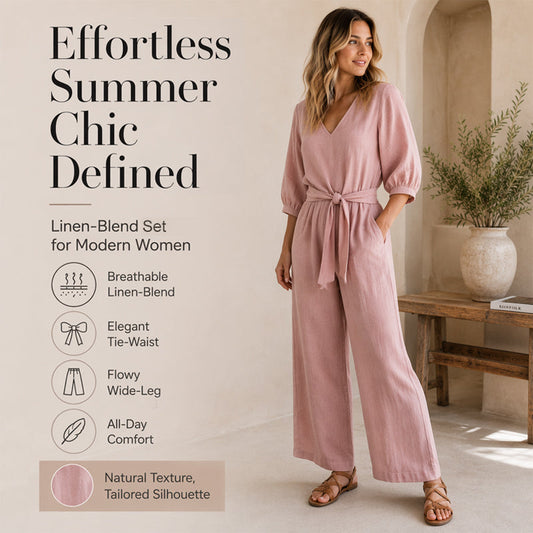 Set aus einem Damen-Oberteil mit V-Ausschnitt und Bindeband vorne sowie einer Hose mit weitem Bein