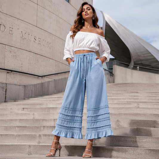 🌺Damenhose aus Tencel-Denim mit weitem Bein und Rüschen am Saum
