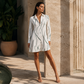 Langärmliges bedrucktes Hemdkleid für Damen – lässiges, geknöpftes, elegantes Midi-Kleid