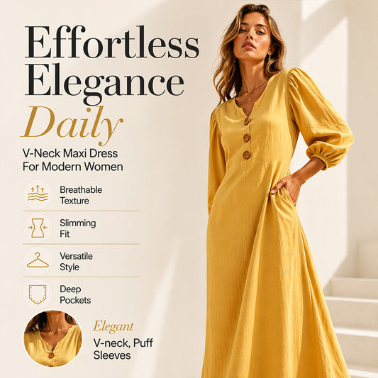 Lässiges Maxikleid mit V-Ausschnitt und Puffärmeln für Damen
