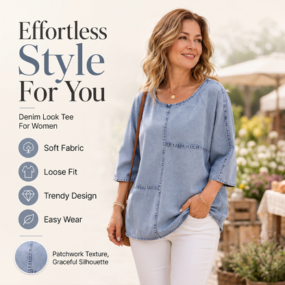 Damen Kurzarm-Denim-Print-T-Shirt