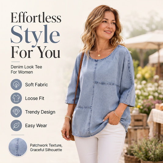 Damen Kurzarm-Denim-Print-T-Shirt