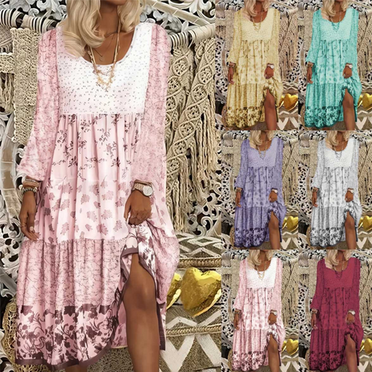 Lässiges Patchwork-Kleid mit langen Ärmeln für Damen