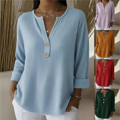 👚Top-Auswahl – Henley-Shirt mit V-Ausschnitt und Waffelstruktur – Atmungsaktiver Stoff und vielseitige Unifarben 🌿