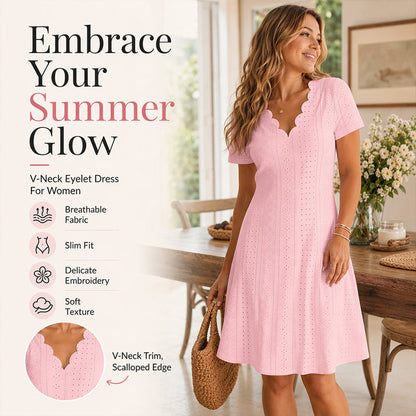 👗Top-Empfehlung – Kleid mit V-Ausschnitt, Lochstickerei und Wellenkante – leicht und romantisch, ideal für Gartenpartys oder einen Brunch 🌿