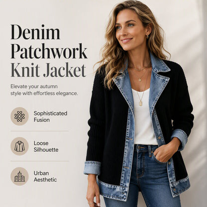 ⌛Zeitlich begrenztes Angebot – Eleganter Damenmantel aus Denim mit geripptem Strick-Einsatz