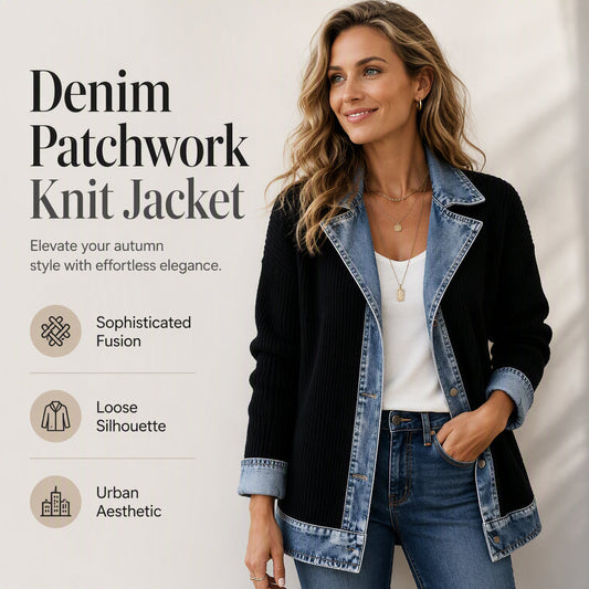 ⌛Zeitlich begrenztes Angebot – Eleganter Damenmantel aus Denim mit geripptem Strick-Einsatz