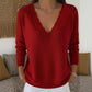 Aktueller Trend⭐👚 Strickpullover mit gewelltem V-Ausschnitt – feminine Details und weiche Textur für einen lässigen Look bei kühlem Wetter