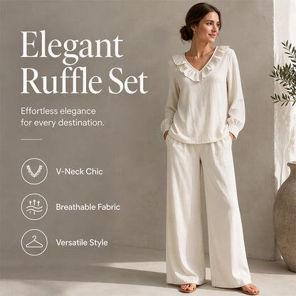 🌸Heißer Sale: 50 % Rabatt💖Zweiteiliges Outfit im Resort-Stil für Damen mit V-Ausschnitt: locker sitzendes Langarm-Oberteil und Hose mit weitem Bein