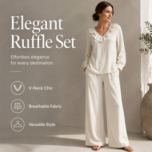 🌸Heißer Sale: 50 % Rabatt💖Zweiteiliges Outfit im Resort-Stil für Damen mit V-Ausschnitt: locker sitzendes Langarm-Oberteil und Hose mit weitem Bein
