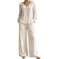 🌸Heißer Sale: 50 % Rabatt💖Zweiteiliges Outfit im Resort-Stil für Damen mit V-Ausschnitt: locker sitzendes Langarm-Oberteil und Hose mit weitem Bein