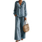 🌸Heißer Sale: 50 % Rabatt💖Zweiteiliges Outfit im Resort-Stil für Damen mit V-Ausschnitt: locker sitzendes Langarm-Oberteil und Hose mit weitem Bein