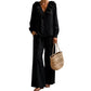 🌸Heißer Sale: 50 % Rabatt💖Zweiteiliges Outfit im Resort-Stil für Damen mit V-Ausschnitt: locker sitzendes Langarm-Oberteil und Hose mit weitem Bein
