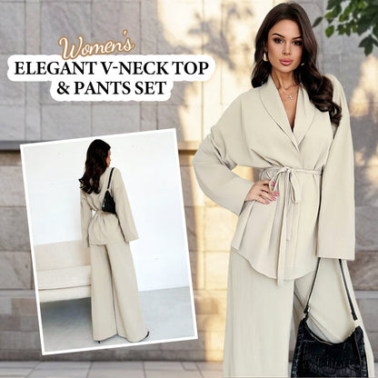 2-teiliges Set für Damen: elegantes Oberteil mit V-Ausschnitt und Hose mit weitem Bein