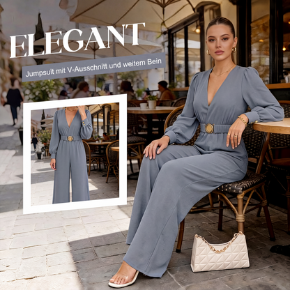 Elegante Jumpsuit mit V-Ausschnitt, weitem Bein und Gürtel