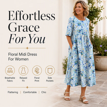 👗🌸 Elegantes langes Damenkleid mit Blumenmuster und Rundhalsausschnitt
