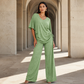 Legeres Damen-Set aus V-Ausschnitt-Oberteil und weitem Bein-Hose