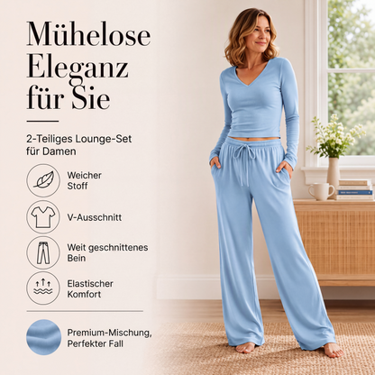 🏆 Verkaufsschlager – jetzt halber Preis! Damen-Set aus V-Ausschnitt-Langarmshirt und Weithosen