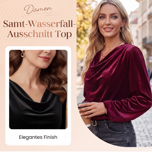Damen Samt-Oberteil mit Wasserfallkragen und langen Ärmeln