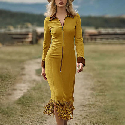 👗 50 % RABATT – Damen Wildleder-Midikleid mit Quastensaum & Reverskragen | Eleganter Boho-Stil mit femininer Silhouette ✨